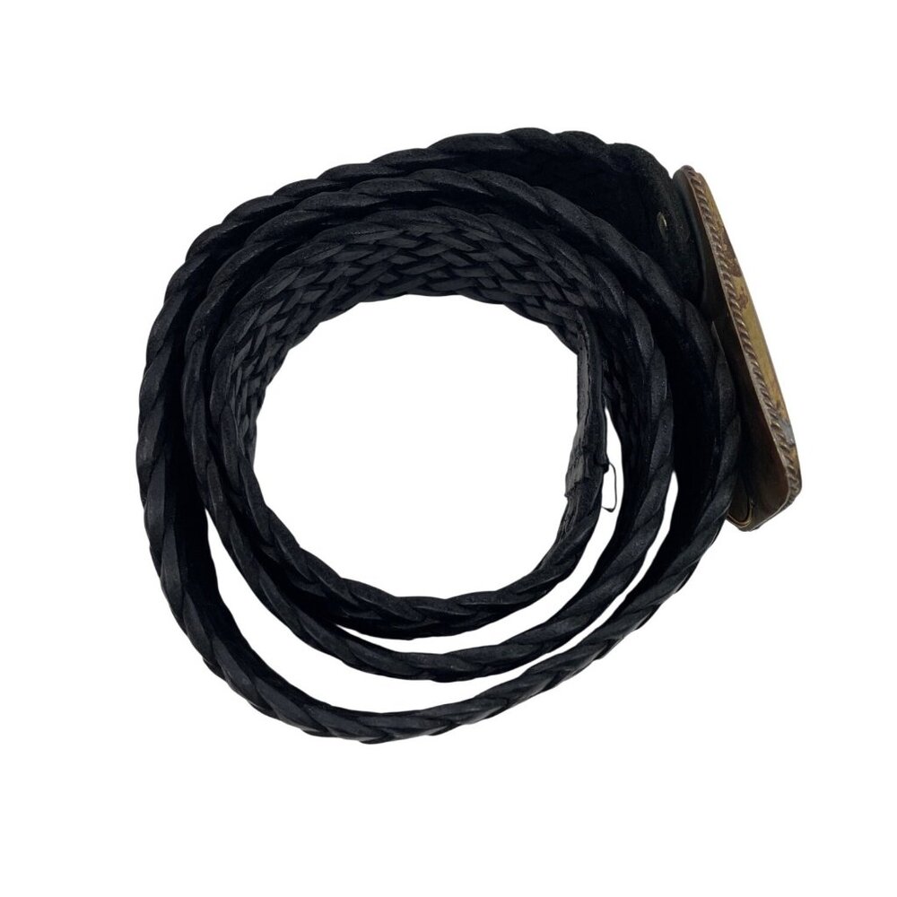 Vintage Black Braided Leather Belt With Wooden Buckle Mens Large Made In Morocco - Picture 3 of 11